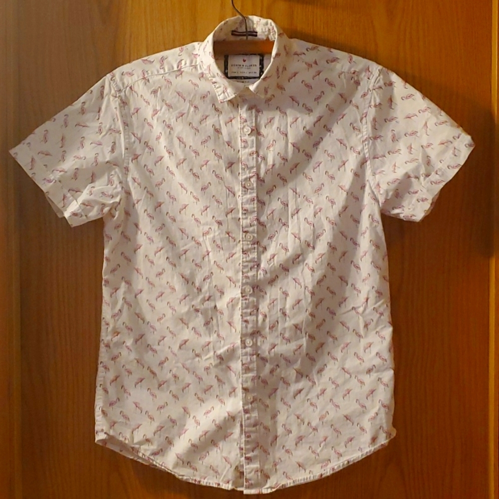 Denim & Flower Slim Fit Flamingo Print Button Down Tee; White & Pink